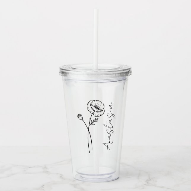 Elegant Script Name Poppy August Birth Flower Acrylic Tumbler (Front)