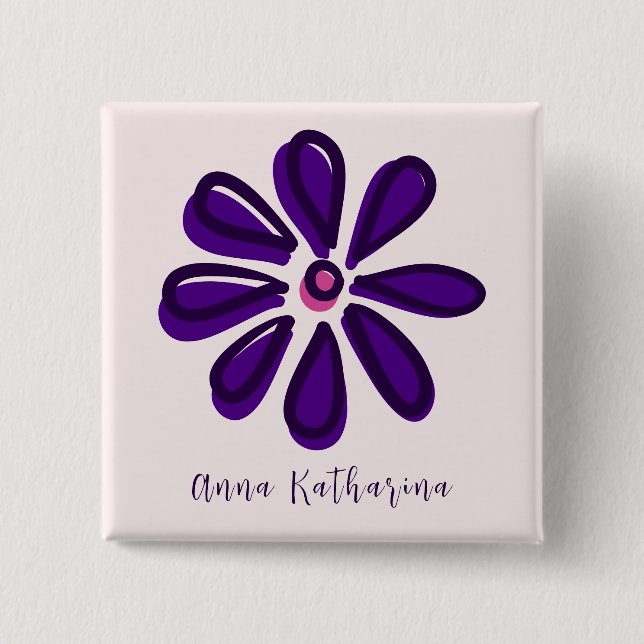 Elegant Script Name Purple Flower Doodle Square 2 Inch Square Button (Front)