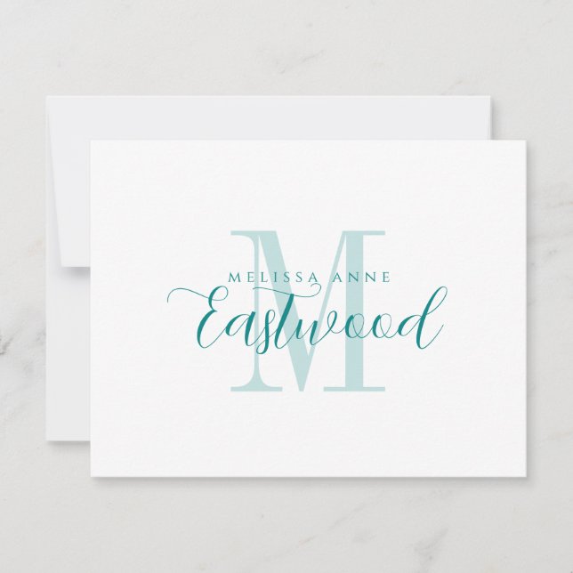 Elegant Script Name Teal Monogram Flat Note Card (Front)