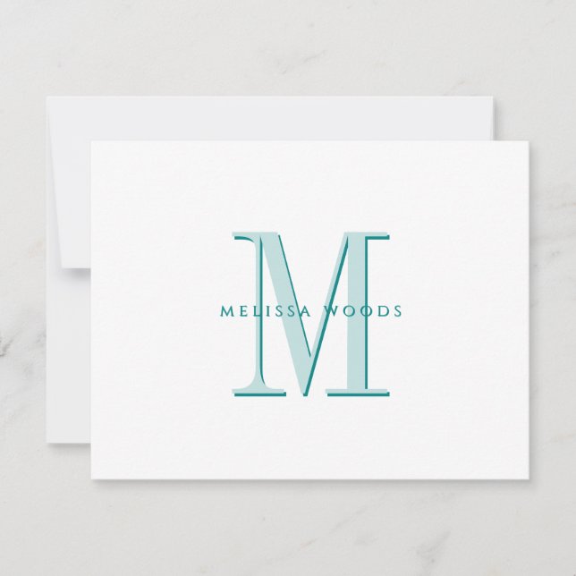 Elegant Script Name Teal Monogram Flat Note Card (Front)