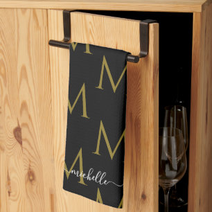 Elegant Script Name Template Monogram Black & Gold Kitchen Towel