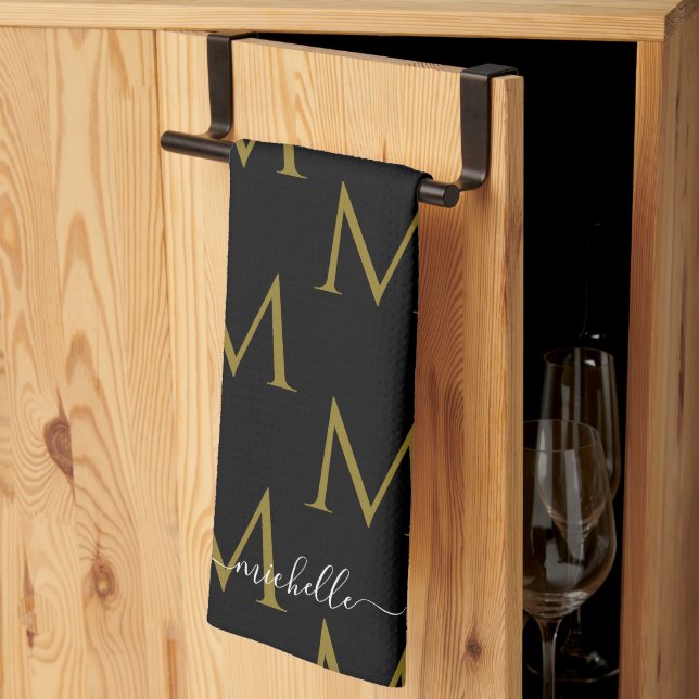 Elegant Script Name Template Monogram Black & Gold Kitchen Towel (Thirds Fold)
