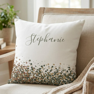 Elegant script name with earthy glitter confetti throw pillow