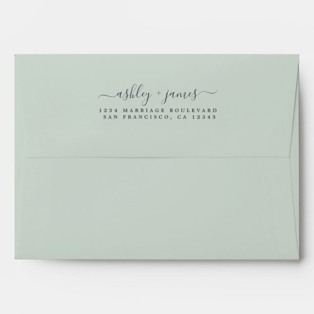 Elegant Script Names Green Wedding Return Address Envelope (Back (Top Flap))