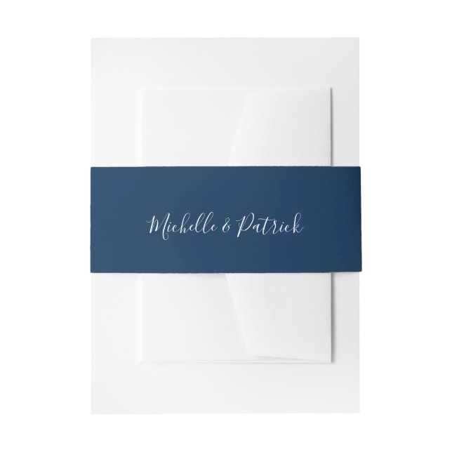 Elegant Script Names Navy Blue Wedding Invitation Belly Band (Front Example)