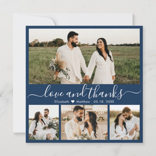 Elegant Script Navy 4 Photo Collage Wedding Thank You Card (Front)