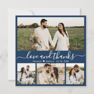 Elegant Script Navy 4 Photo Collage Wedding Thank You Card