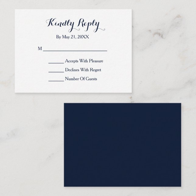 Élégant Script Navy bleu blanc carte RSVP (Devant / Derrière)