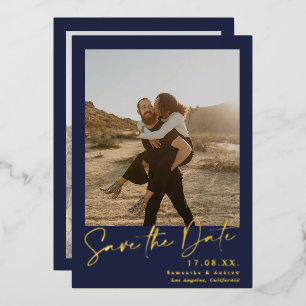 Elegant script navy blue 2 photos save the date