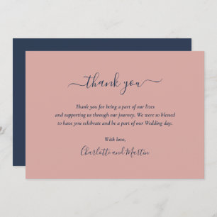 Elegant Script Navy Blue and Blush Thank You Card