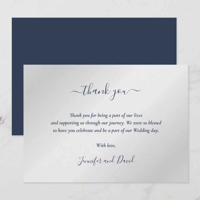 Elegant Script Navy Blue and Silver Thank You Card (Front/Back)