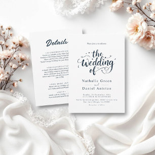 Elegant Script Navy Blue and White Modern Wedding Invitation
