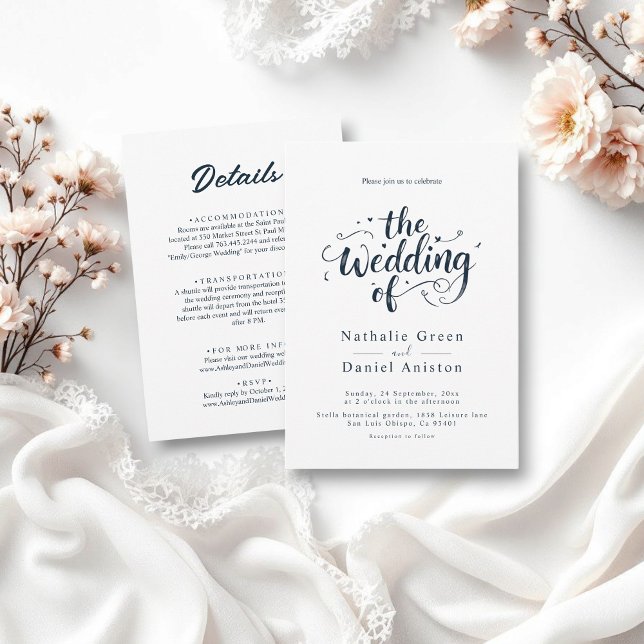 Elegant Script Navy Blue and White Modern Wedding Invitation (Creator Uploaded)