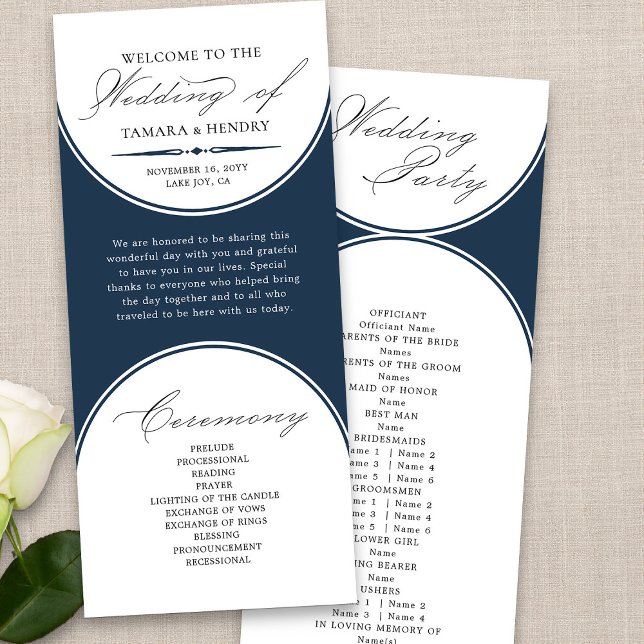 Élégant Script Navy Blue Arch Wedding Programme (Modern navy blue wedding program from my Wedding Colors collection)
