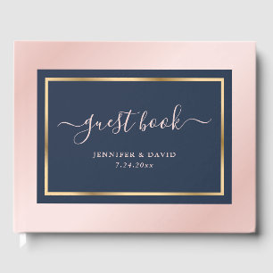 Elegant Script Navy Blue Blush and Gold Wedding Guest Book