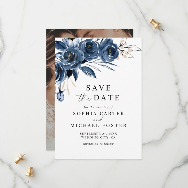 Elegant Script Navy Blue Floral Photo Wedding Save The Date (Front/Back In Situ)