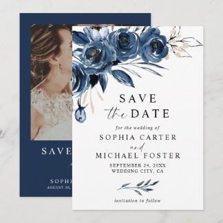 Elegant Script Navy Blue Floral Photo Wedding Save The Date