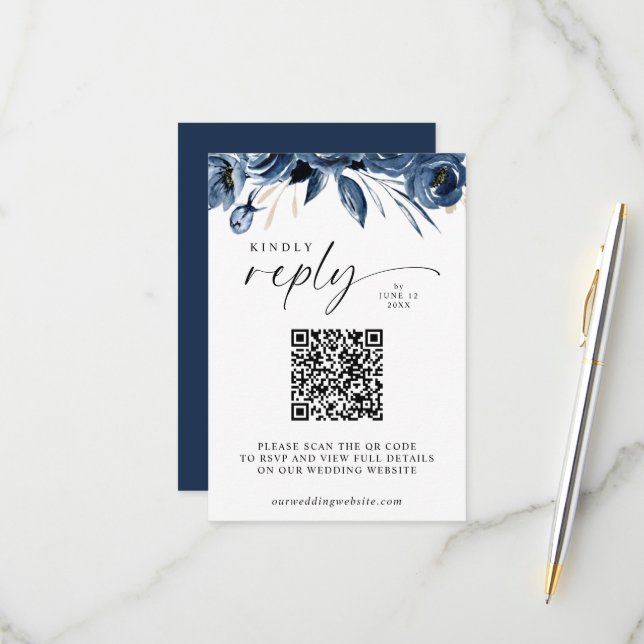 Elegant Script Navy Blue Floral QR Code Wedding RSVP Card (Front/Back In Situ)