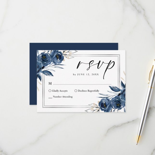 Elegant Script Navy Blue Floral Wedding RSVP Card (Front/Back In Situ)
