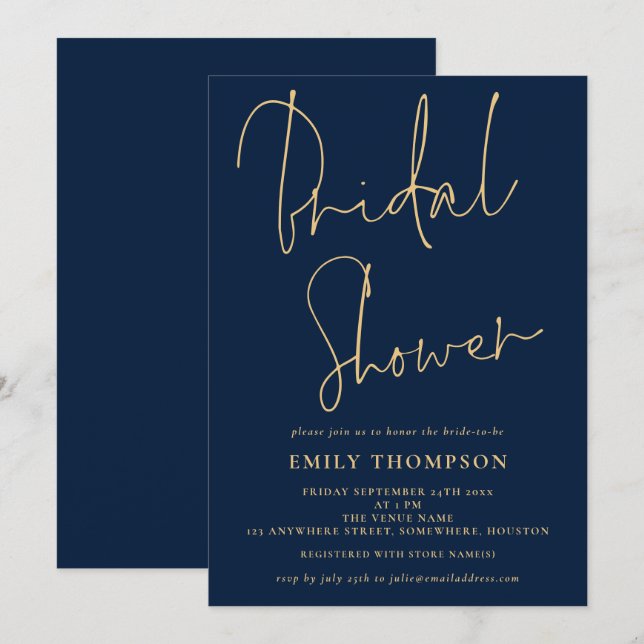 Elegant Script Navy Blue Gold Bridal Shower  Invitation (Front/Back)