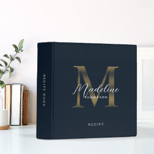 Elegant Script Navy Blue Gold Monogram Recipe Binder