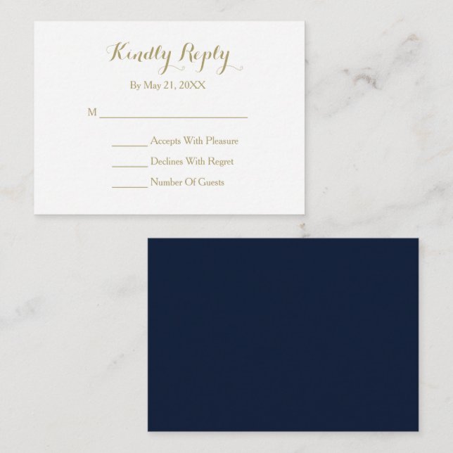 Elegant Script Navy Blue Gold White RSVP Card (Front/Back)