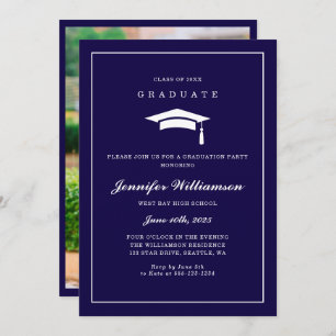 Elegant Script Navy Blue Graduation Party Photo Invitation