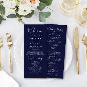 Elegant Script Navy Blue Modern Minimalist Wedding Program