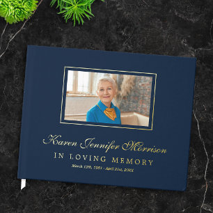 Elegant Script Navy Blue Photo In Loving Memory Guest Book