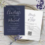 Elegant Script Navy Blue QR Code Wedding Invitation<br><div class="desc">Featuring signature style names,  this elegant navy blue wedding invitation can be personalized with all your special wedding day information on the front,  your wedding website details,  and your QR code on the reverse. Designed by Thisisnotme©</div>