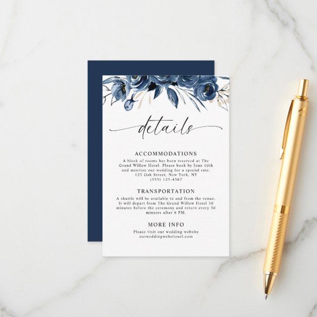Elegant Script Navy Blue Wedding Details Classic Enclosure Card (Front/Back In Situ)