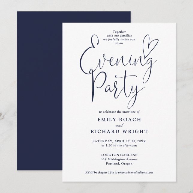 Elegant Script Navy Blue Wedding Evening Party Invitation (Front/Back)