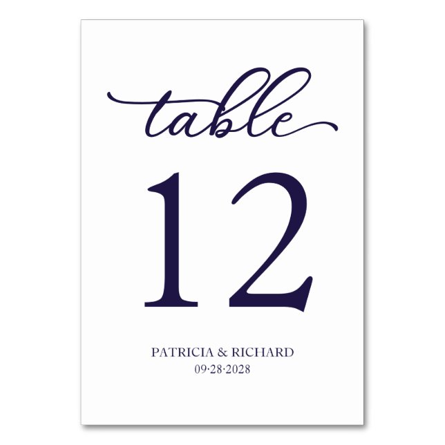 Elegant Script Navy Blue Wedding Table Number (Front)