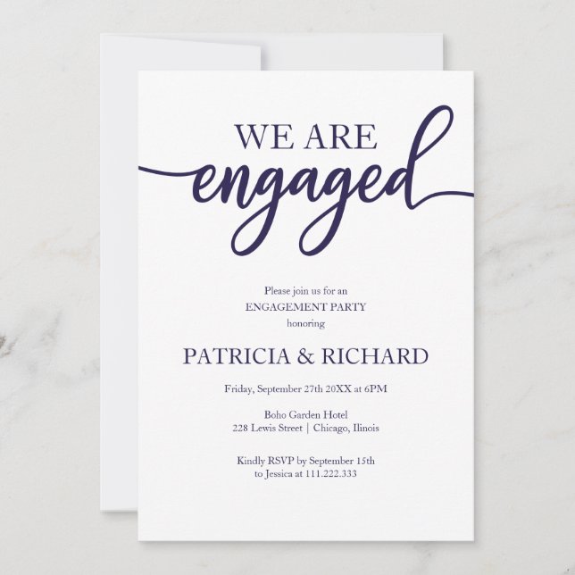 Elegant Script Navy Blue White Engagement Party Invitation (Front)