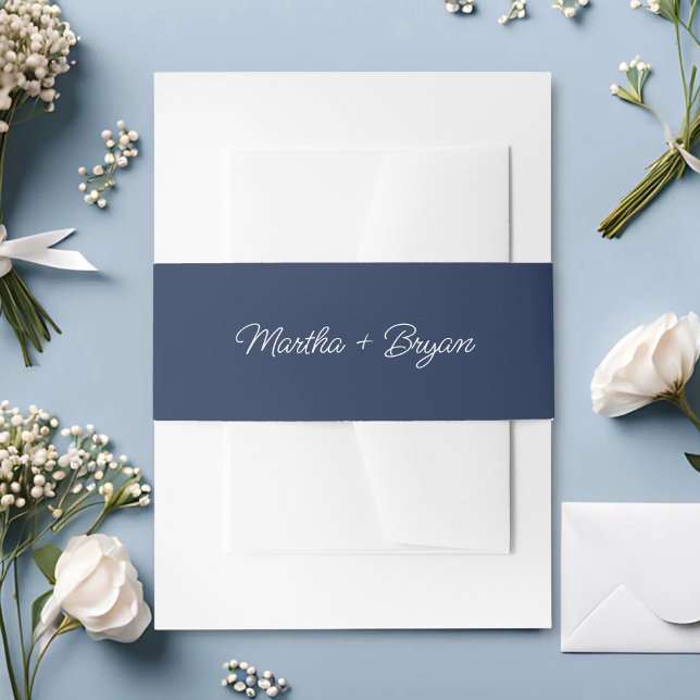 Elegant Script Navy Blue & White Wedding Invitation Belly Band (Creator Uploaded)