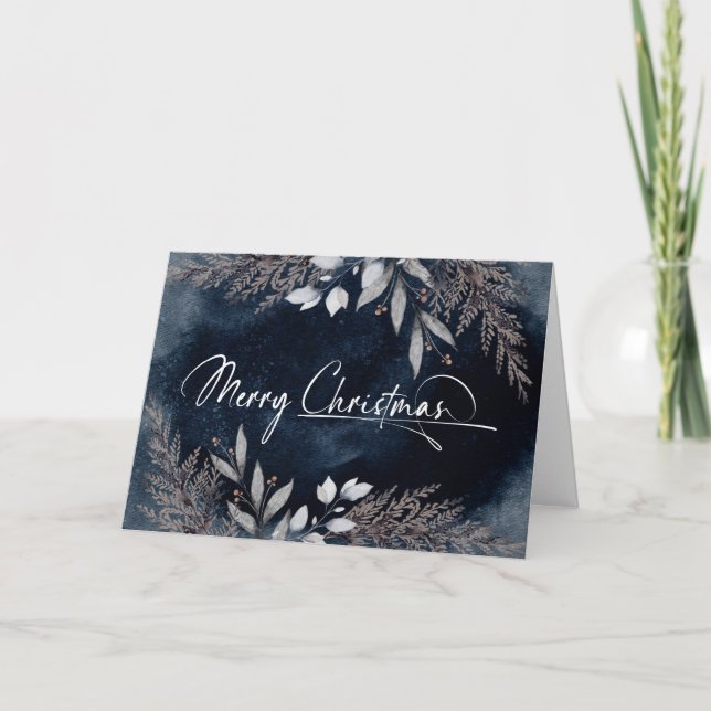 Elegant Script Navy Blue Winter Foliage Christmas Holiday Card (Front)