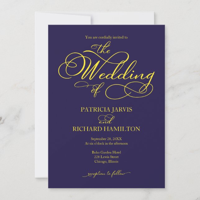 Elegant Script Navy Blue Yellow Wedding Invitation (Front)
