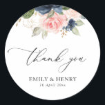 Elegant script navy blush floral wedding thank you classic round sticker<br><div class="desc">This design features beautiful navy and blush watercolor flowers and an Elegant script with lovely script text that can be personalized.</div>