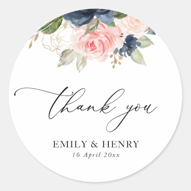 Elegant script navy blush floral wedding thank you classic round sticker (Front)