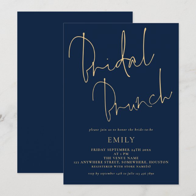 Elegant Script Navy Gold Bridal Shower Brunch Invitation (Front/Back)