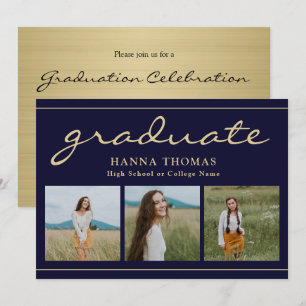 Elegant Script Navy Gold Three Photo Graduation Invitation