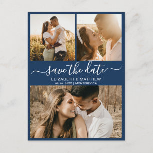 Elegant Script Navy Photo Budget Save The Date Announcement Postcard