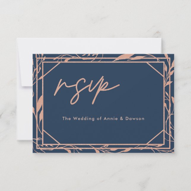 Elegant Script Navy Rose Gold Wedding RSVP Card (Front)