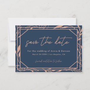 Elegant Script Navy & Rose Gold Wedding Save The Date