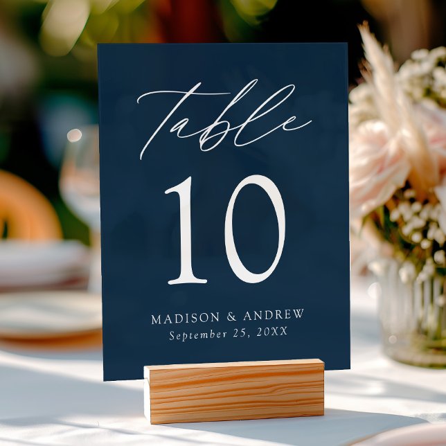 Elegant Script Navy Wedding Table Number Acrylic Sign (Please note: The wooden stand does not come with the sign. Zazzle sells a wood block stand.)