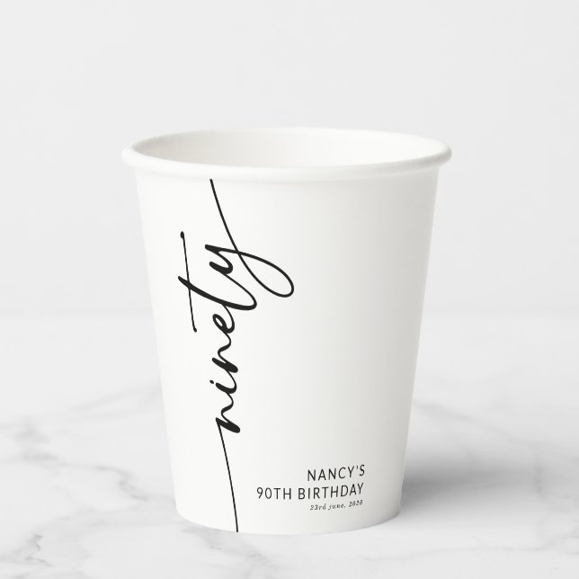 Elegant Script Ninety 90th Birthday Paper Cups (Front)
