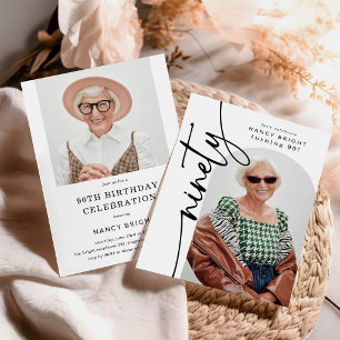 Elegant Script Ninety Arch Photo 90th Birthday Invitation