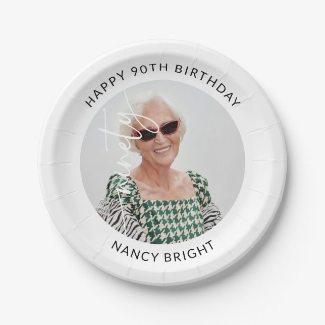 Elegant Script Ninety Photo 90th Birthday Paper Plate (Front)