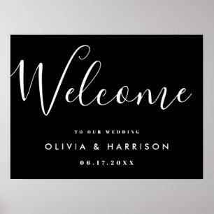 Élégant script noir blanc Mariage Affiche de bienv
