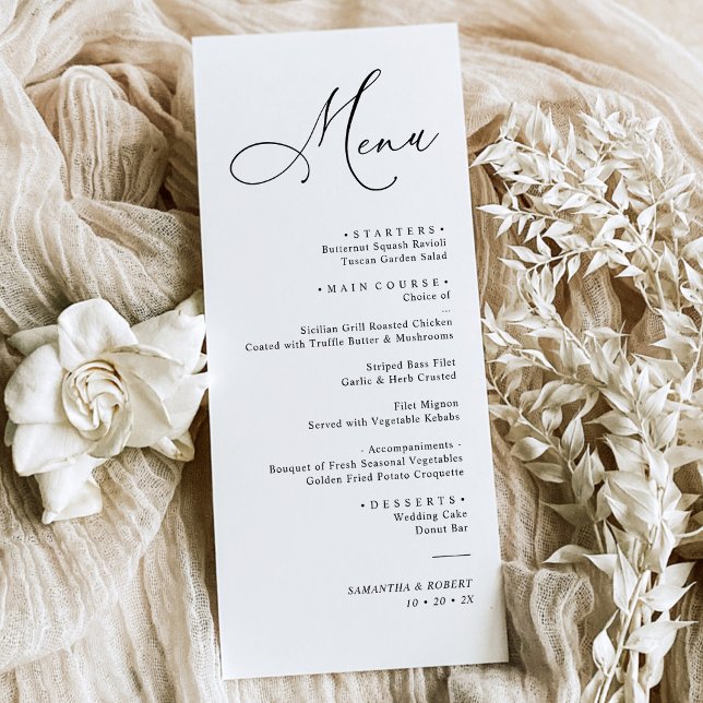 Élégant Script noir et blanc Mariage menu du dîner (Créateur téléchargé)